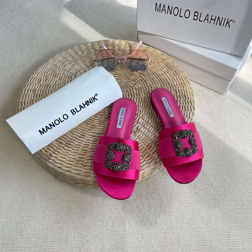 Fuchsia Satin Slide Mules with Jeweled Buckle